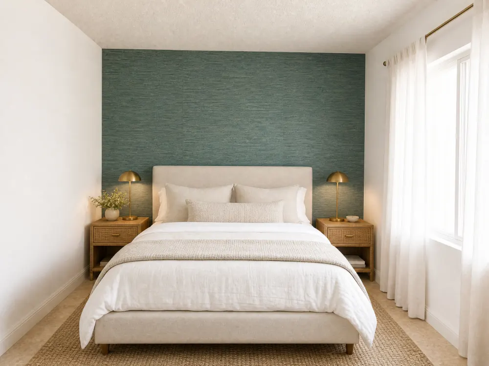 The same bedroom after verdigris teal grasscloth was installed on the headboard wall