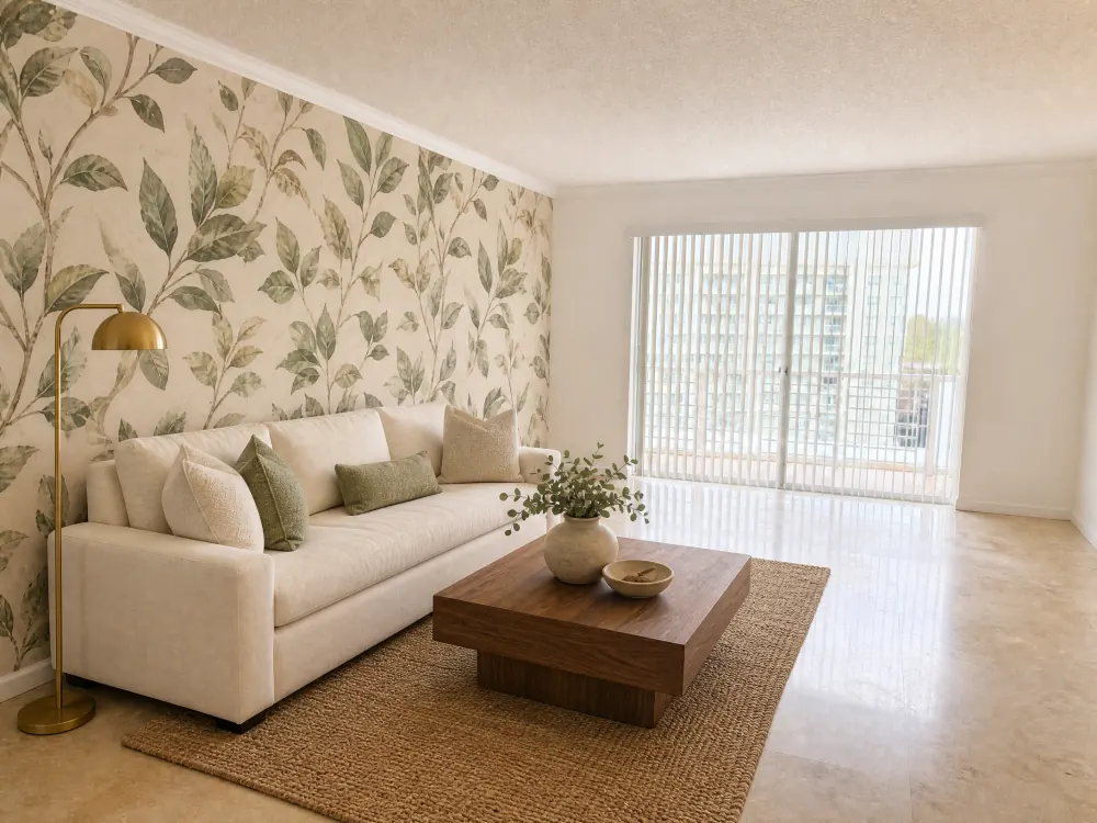 The same living room after a sage botanical wallpaper was installed on the main wall