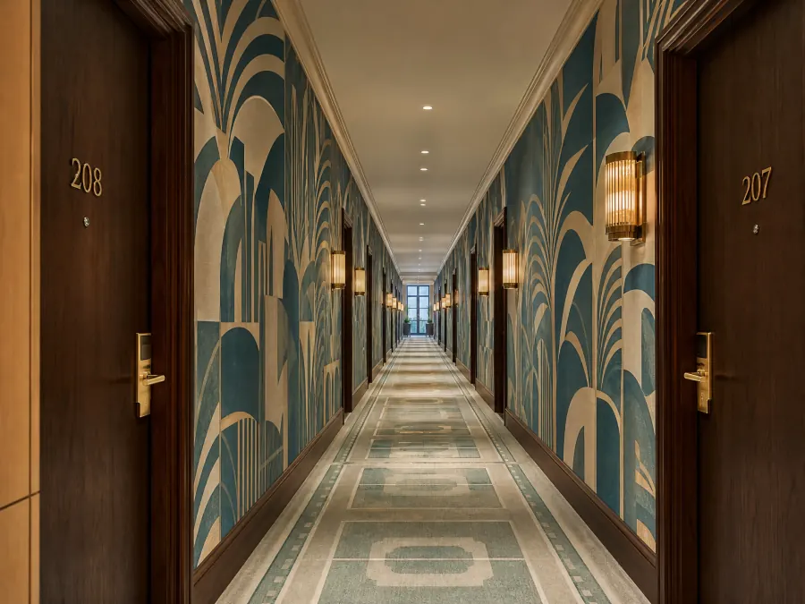 Teal and sand deco-pattern wallcovering lining a boutique hotel corridor