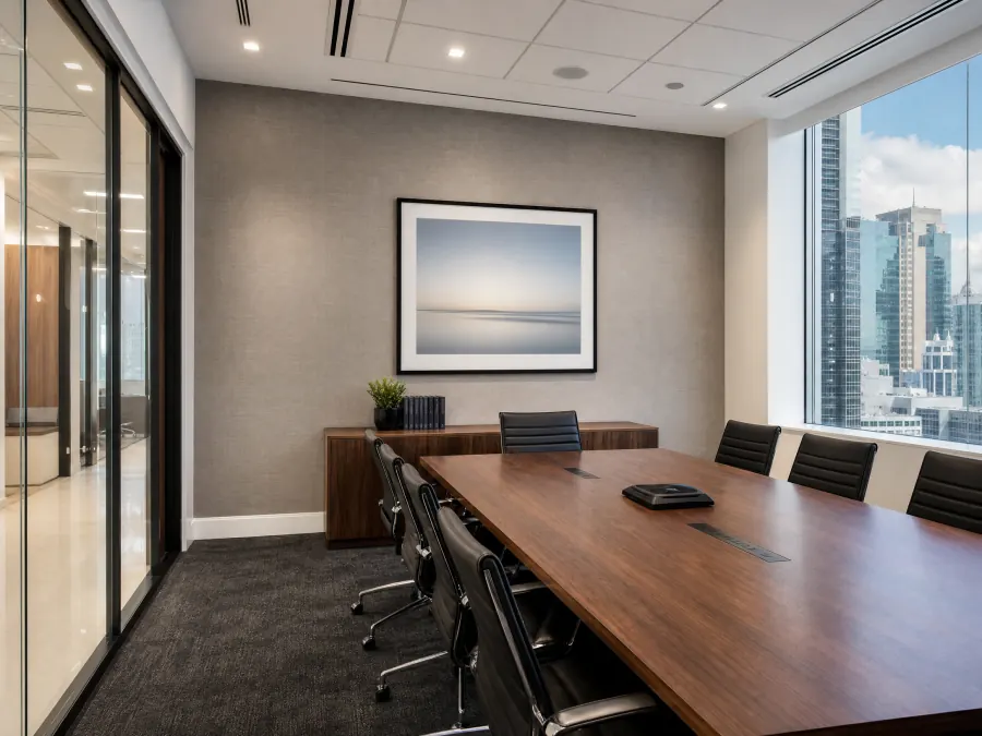 Greige textured vinyl wallcovering in a Brickell law office conference room