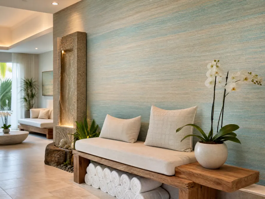 Sand and aqua striated textured wallcovering in a day spa reception