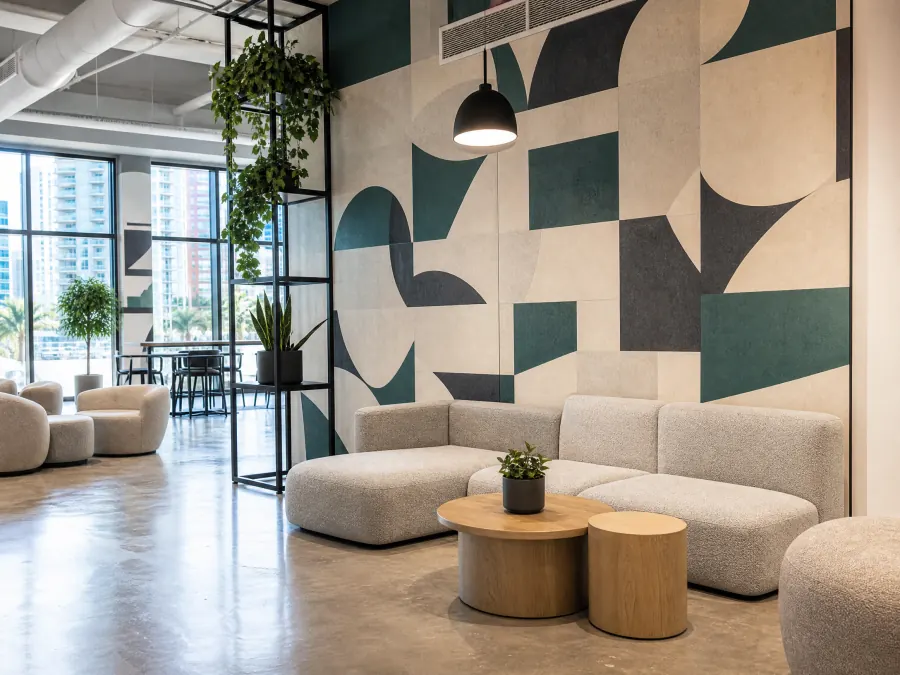 Geometric cream, teal and charcoal feature wall in a co-working lounge
