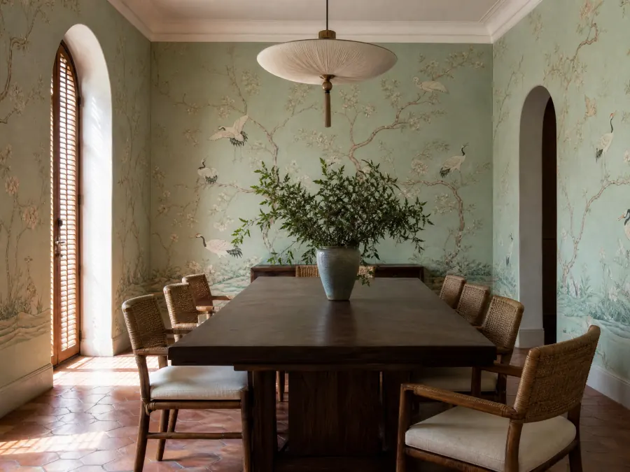 Celadon chinoiserie crane wallpaper in a Coral Gables dining room