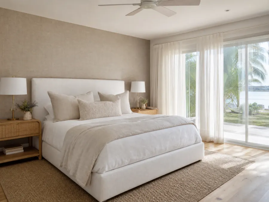 Warm greige linen-look wallpaper on a Coconut Grove bedroom headboard wall