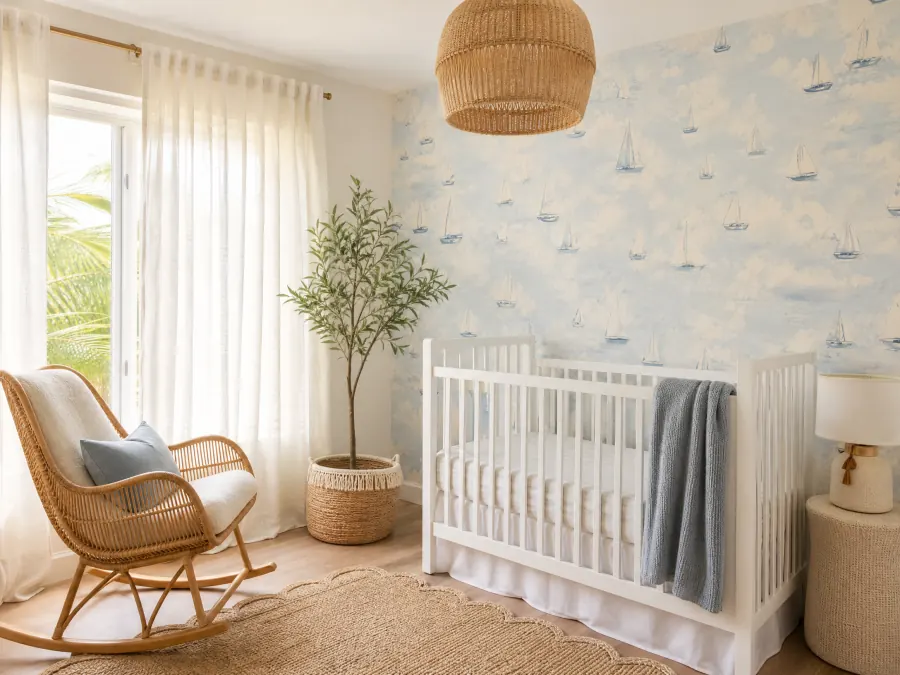Pale blue sailboat and cloud wallpaper in a Miami nursery