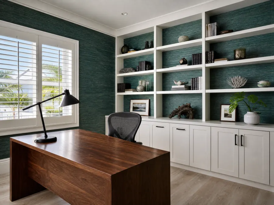 Verdigris teal grasscloth behind white shelving in a home office
