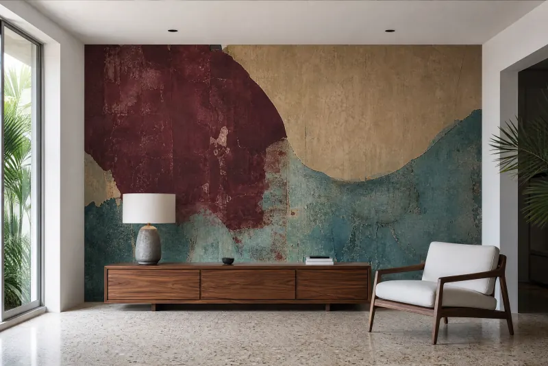 Single accent wall with an abstract oxblood, sand and teal mural above a terrazzo floor