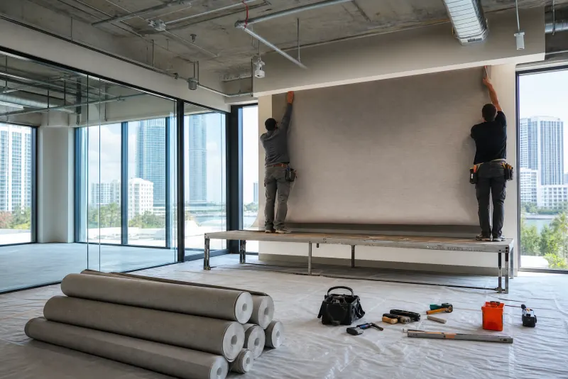 Two installers hanging a wide commercial vinyl wallcovering roll on an empty office floor