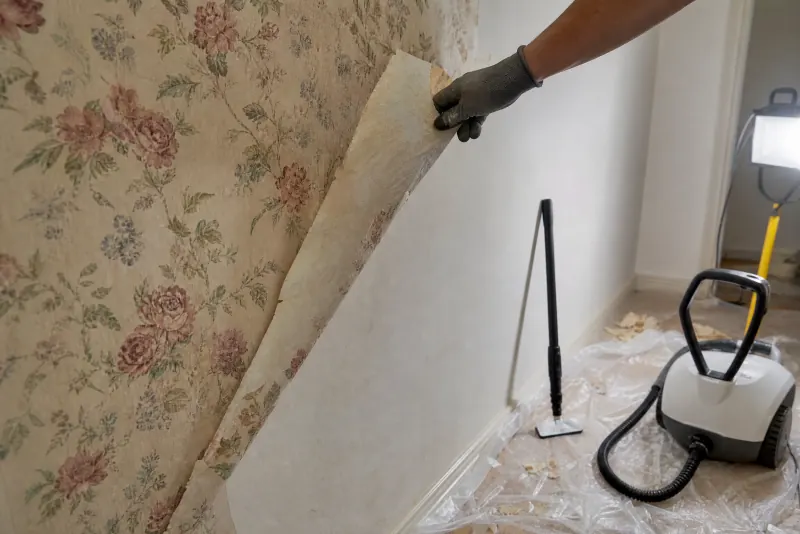 Gloved hand peeling old floral wallpaper away from a wall beside a steamer